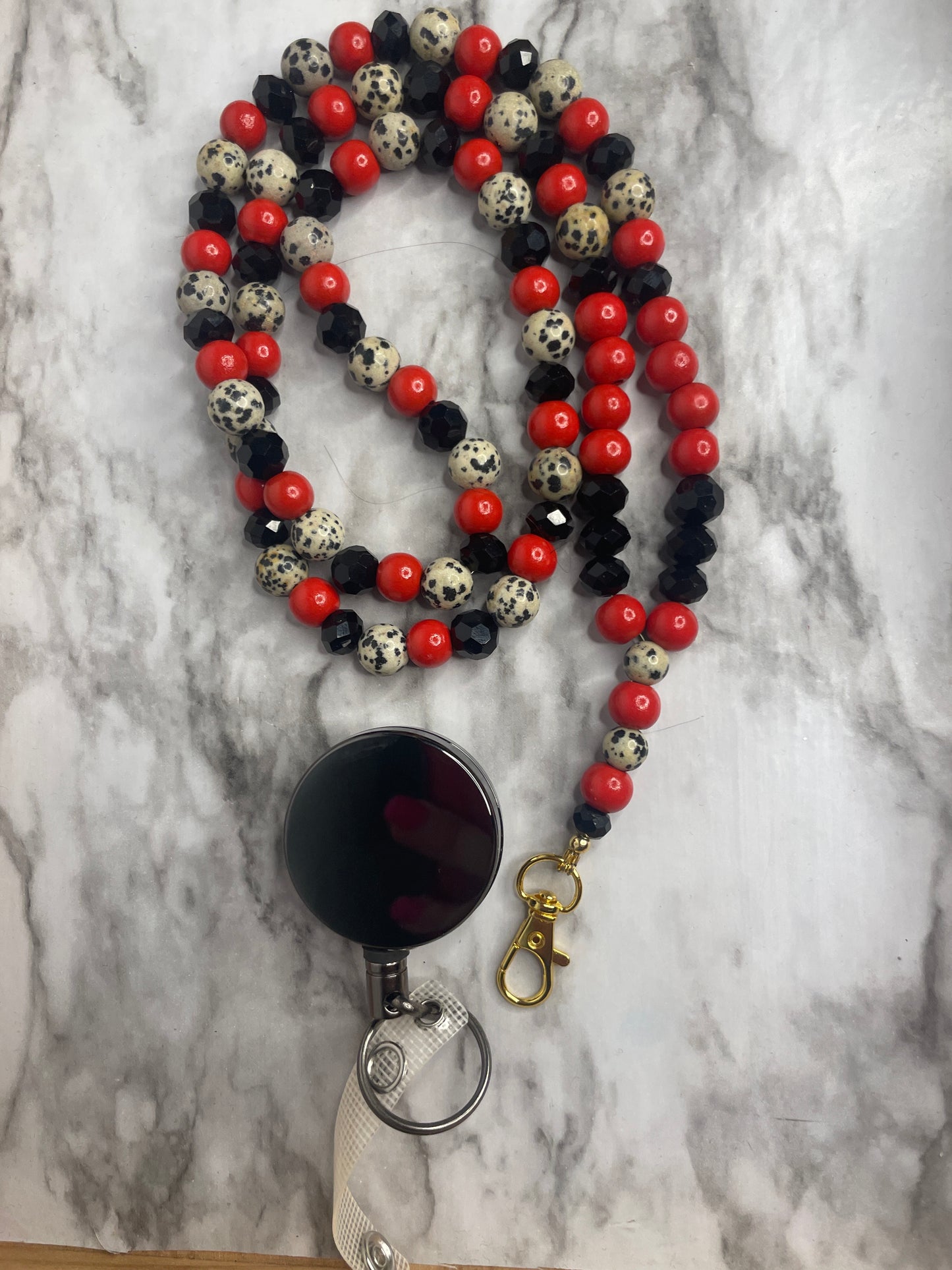 Black, Red, Cheetah Beaded Lanyard