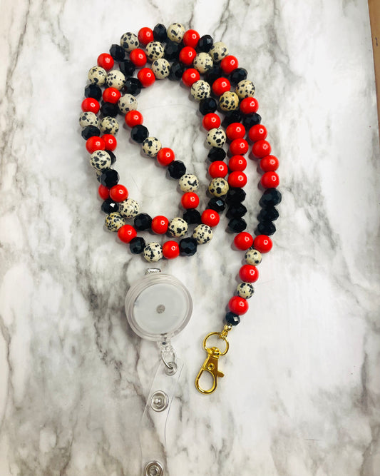Black, Red, Cheetah Beaded Lanyard