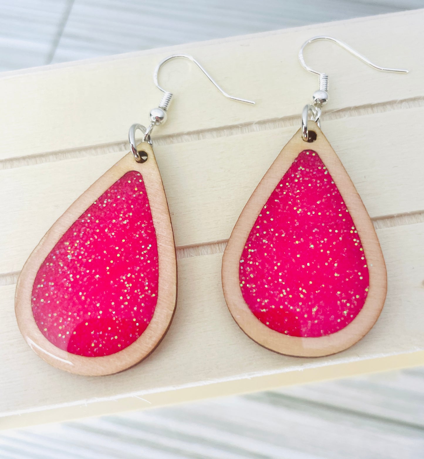Pink Wooden Teardrop Earrings