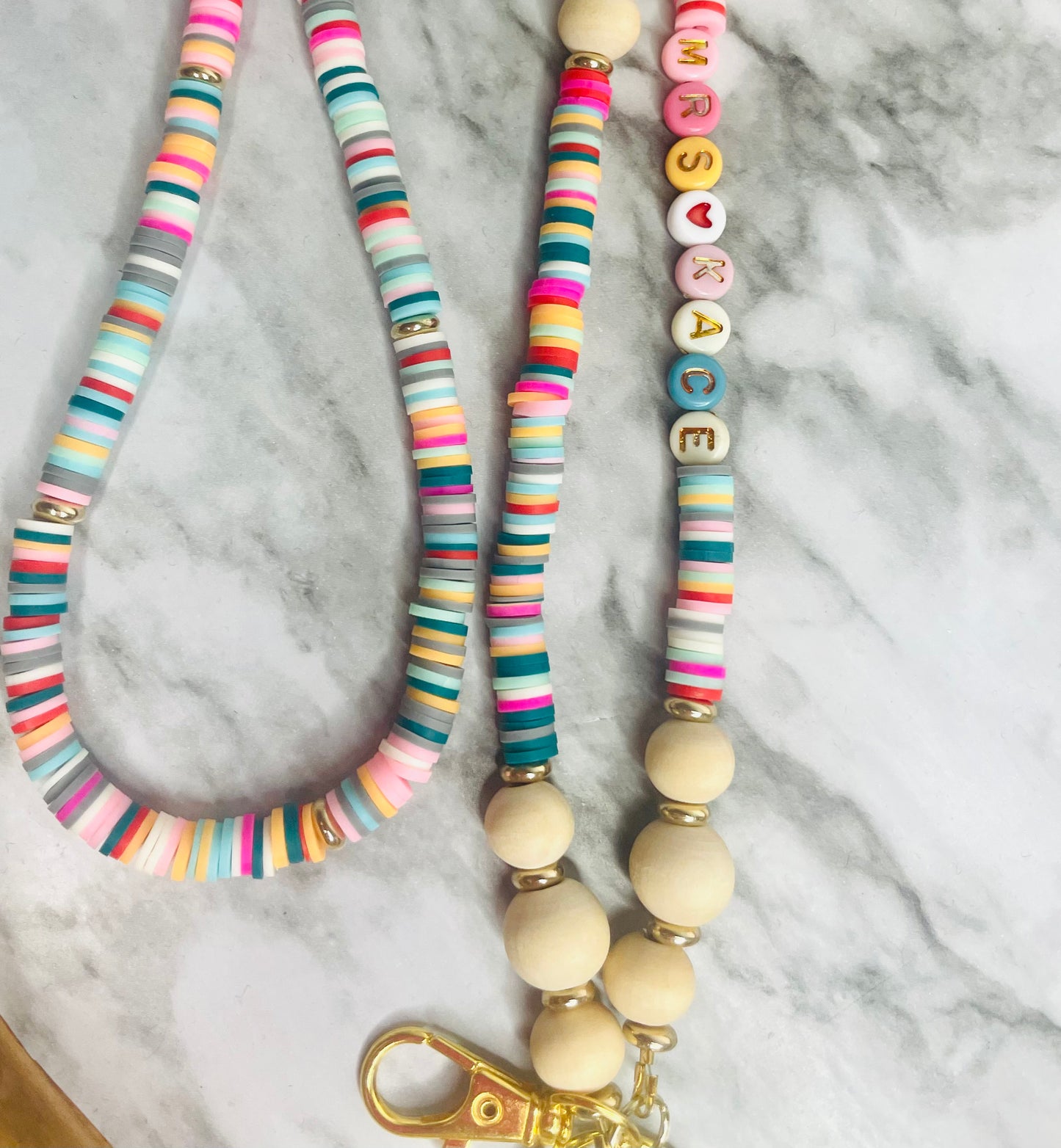 Multicolored Heishi and Wood Lanyard
