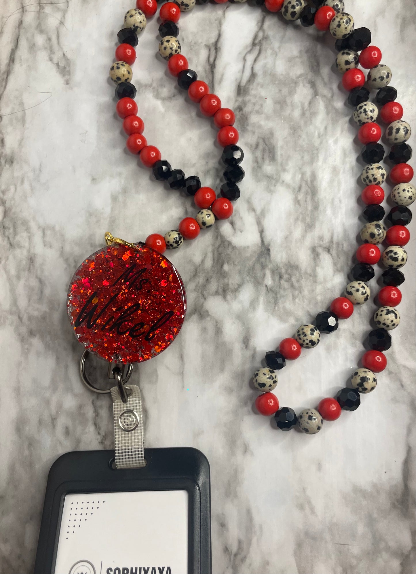 Black, Red, Cheetah Beaded Lanyard