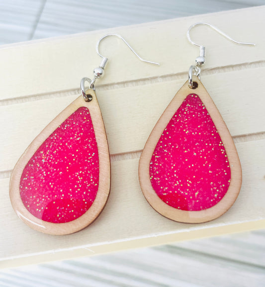 Pink Wooden Teardrop Earrings