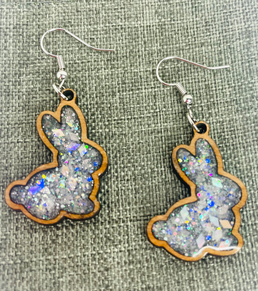 Wood Bunny Resin Earrings
